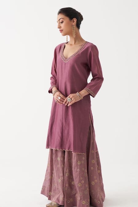 Buy_Rhua_Purple Dupatta Tissue , Kurta Naika Embroidered Sharara Set _Online_at_Aza_Fashions