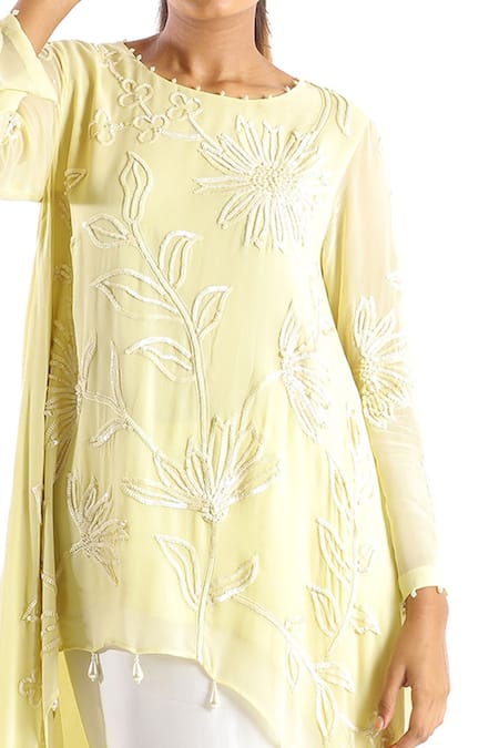Shop Seams Pret And Couture Yellow Crepe And Grand Satin Embroidered Sequins Round Tunic & Tulip Pant Set at Aza Fashions Shop_Seams Pret And Couture_Yellow Crepe And Grand Satin Embroidered Sequins Round Tunic & Tulip Pant Set _at_Aza_Fashions