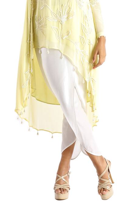 Seams Pret And Couture Yellow Crepe And Grand Satin Embroidered Sequins Round Tunic & Tulip Pant Set Online at Aza Fashions Seams Pret And Couture_Yellow Crepe And Grand Satin Embroidered Sequins Round Tunic & Tulip Pant Set _Online_at_Aza_Fashions