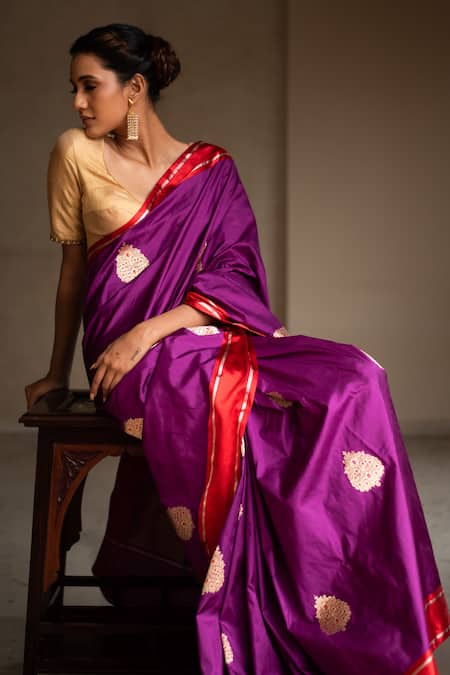 Buy Priyanka Raajiv Purple Silk Brocade Banarasi Thread Saree at Aza Fashions Buy_Priyanka Raajiv_Purple Silk Brocade Banarasi Thread Saree_at_Aza_Fashions