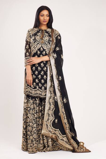 Buy_Nakul Sen_Black Chiffon Round Floral Embroidered Kurta Sharara Set_Online_at_Aza_Fashions