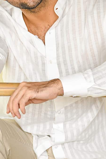 Buy Vaani Beswal White Handwoven Cotton Stripes Nalin Shirt Online at Aza Fashions Buy_Vaani Beswal_White Handwoven Cotton Stripes Nalin Shirt _Online_at_Aza_Fashions