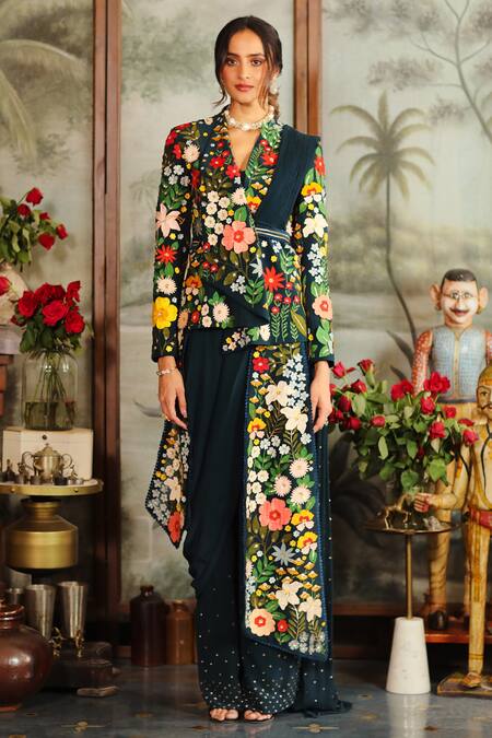 Shop Sahil Kochhar Blue Crepe, Georgette 3d Applique Work Flap Collar Nalini Draped Jacket Pant Set at Aza Fashions Shop_Sahil Kochhar_Blue Crepe, Georgette 3d Applique Work Flap Collar Nalini Draped Jacket Pant Set _at_Aza_Fashions