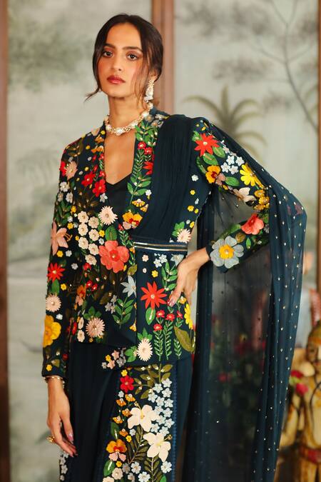 Sahil Kochhar Blue Crepe, Georgette 3d Applique Work Flap Collar Nalini Draped Jacket Pant Set Online at Aza Fashions Sahil Kochhar_Blue Crepe, Georgette 3d Applique Work Flap Collar Nalini Draped Jacket Pant Set _Online_at_Aza_Fashions