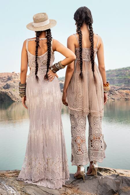 Buy_Nandita Thirani_Pink Lycra Embroidery Sequin And Beads V Neck Crochet Waist Cutout Gown  _Online_at_Aza_Fashions