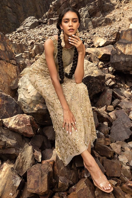 Nandita Thirani_Gold Lycra And Tulle Embroidery Round Leaf Sleeveless Gown  _Online_at_Aza_Fashions