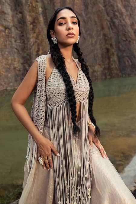 Nandita Thirani_Grey Gold Brocade Halter Neck Crochet Jacket And Circular Skirt Set  _Online_at_Aza_Fashions