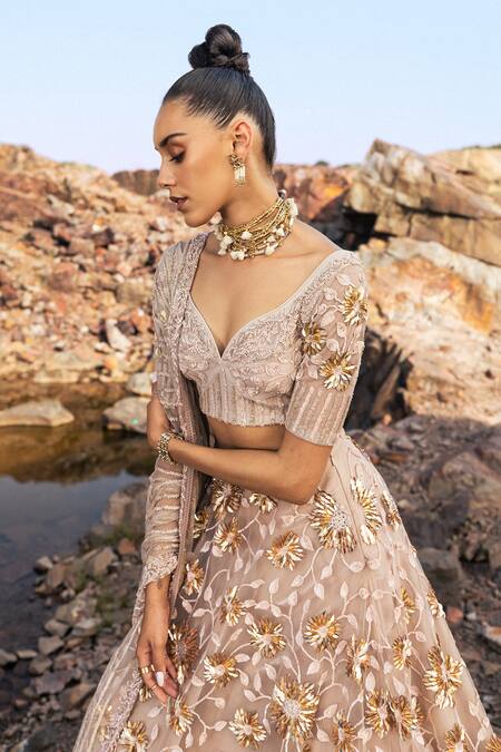 Nandita Thirani_Beige Organza, Georgette, Tulle Embroidery Asymmetric Floral Bridal Lehenga Set _Online_at_Aza_Fashions