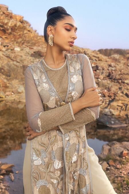 Nandita Thirani_Blue Tulle, Chiffon Sequins, Cut Floral Embroidered Long Jacket And Sharara Set _Online_at_Aza_Fashions