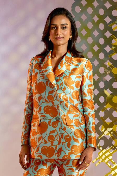 Shop_Pankaj & Nidhi_Blue Satin Twill Abstract Print Collared Neck Naranjos Double Breasted Blazer_Online_at_Aza_Fashions