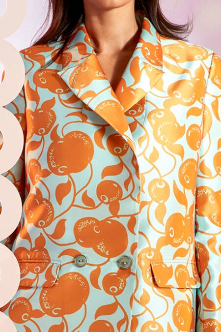 Pankaj & Nidhi_Blue Satin Twill Abstract Print Collared Neck Naranjos Double Breasted Blazer_at_Aza_Fashions