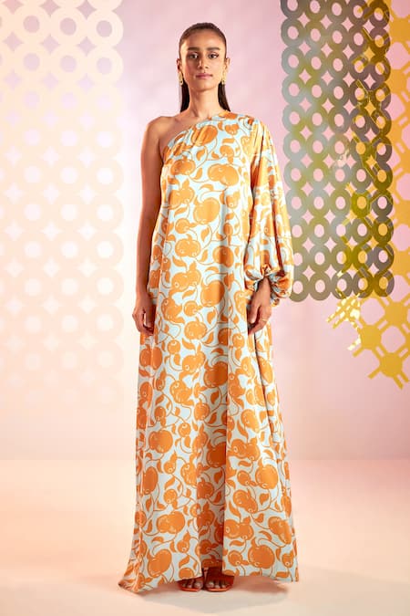Pankaj & Nidhi Naranjos One Shoulder Satin Kaftan 