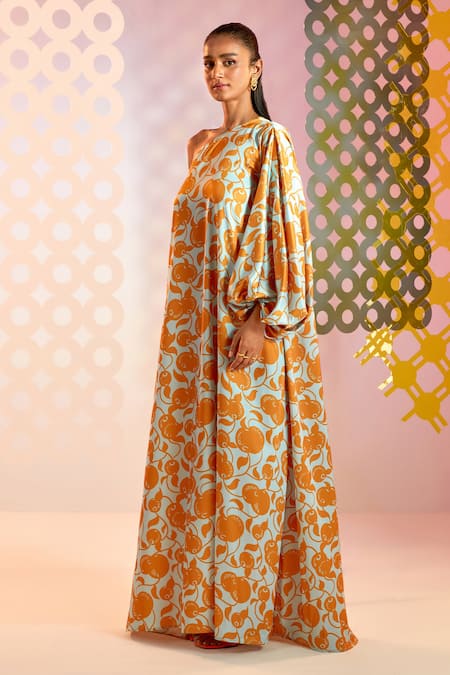 Pankaj & Nidhi_Blue Satin Abstract Print One Shoulder Naranjos Kaftan_Online_at_Aza_Fashions