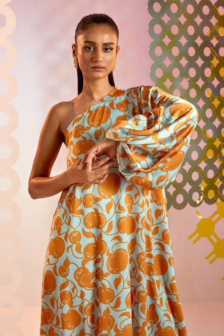 Buy_Pankaj & Nidhi_Blue Satin Abstract Print One Shoulder Naranjos Kaftan_Online_at_Aza_Fashions