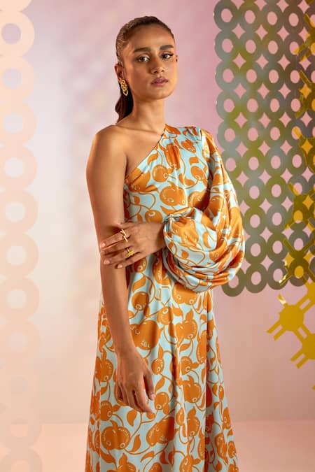 Shop_Pankaj & Nidhi_Blue Satin Abstract Print One Shoulder Naranjos Kaftan_Online_at_Aza_Fashions