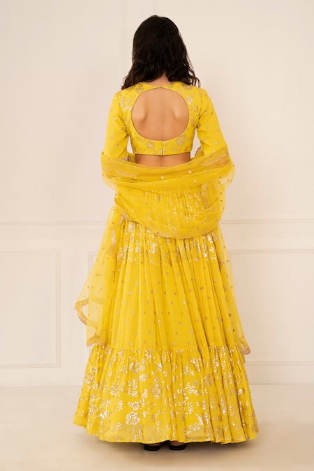 Shop Studio Iris India Yellow Viscose Georgette V Neck Embroidered Lehenga Set at Aza Fashions Shop_Studio Iris India_Yellow Viscose Georgette V Neck Embroidered Lehenga Set _at_Aza_Fashions