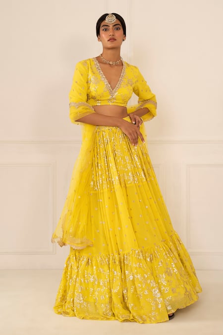 Studio Iris India Yellow Viscose Georgette V Neck Embroidered Lehenga Set Online at Aza Fashions Studio Iris India_Yellow Viscose Georgette V Neck Embroidered Lehenga Set _Online_at_Aza_Fashions