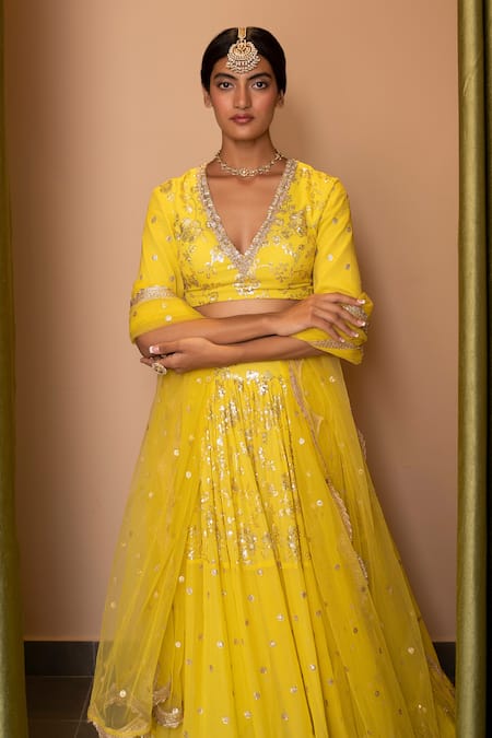 Buy Studio Iris India Yellow Viscose Georgette V Neck Embroidered Lehenga Set Online at Aza Fashions Buy_Studio Iris India_Yellow Viscose Georgette V Neck Embroidered Lehenga Set _Online_at_Aza_Fashions