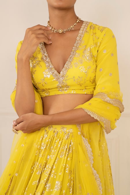 Studio Iris India Yellow Viscose Georgette V Neck Embroidered Lehenga Set at Aza Fashions Studio Iris India_Yellow Viscose Georgette V Neck Embroidered Lehenga Set _at_Aza_Fashions
