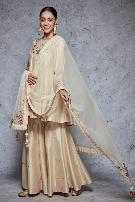 Ajiesh Oberoi Beige Dupion Silk, Soft Net Round Embroidered Sharara Set Online at Aza Fashions Ajiesh Oberoi_Beige Dupion Silk, Soft Net Round Embroidered Sharara Set _Online_at_Aza_Fashions