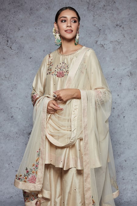 Shop Ajiesh Oberoi Beige Dupion Silk, Soft Net Round Embroidered Sharara Set Online at Aza Fashions Shop_Ajiesh Oberoi_Beige Dupion Silk, Soft Net Round Embroidered Sharara Set _Online_at_Aza_Fashions
