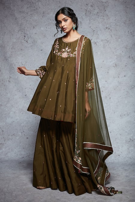 Ajiesh Oberoi Green Dupion Silk, Soft Net Round Embroidered Sharara Set