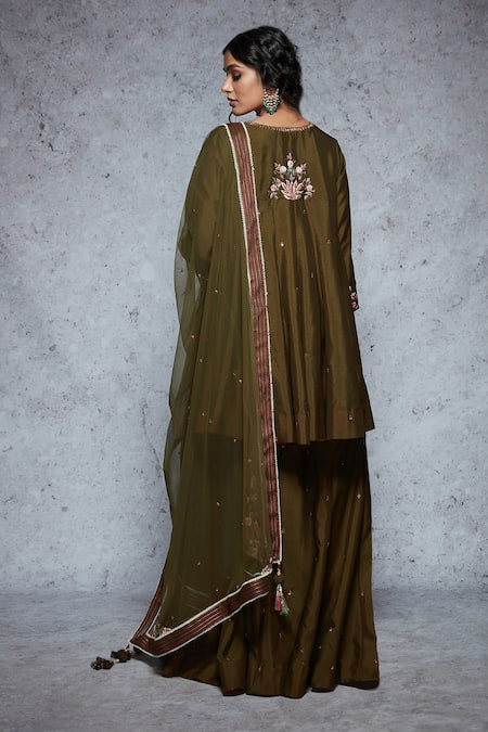 Shop Ajiesh Oberoi Green Dupion Silk, Soft Net Round Embroidered Sharara Set at Aza Fashions Shop_Ajiesh Oberoi_Green Dupion Silk, Soft Net Round Embroidered Sharara Set _at_Aza_Fashions