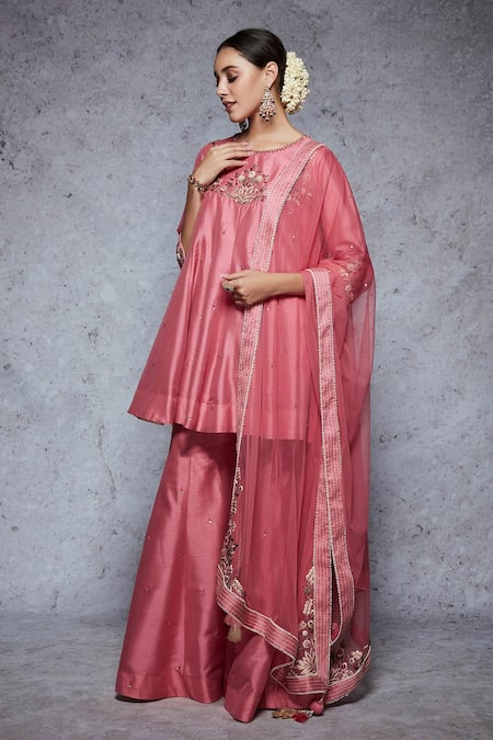Ajiesh Oberoi_Pink Dupion Silk, Soft Net Round Embroidered Sharara Set _Online_at_Aza_Fashions