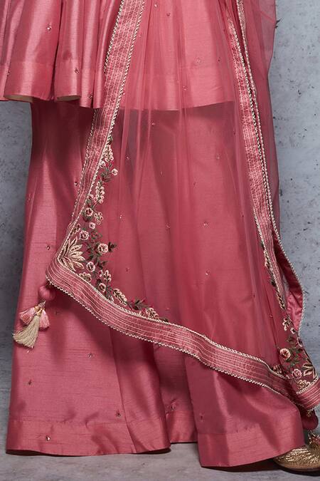 Buy_Ajiesh Oberoi_Pink Dupion Silk, Soft Net Round Embroidered Sharara Set _Online_at_Aza_Fashions