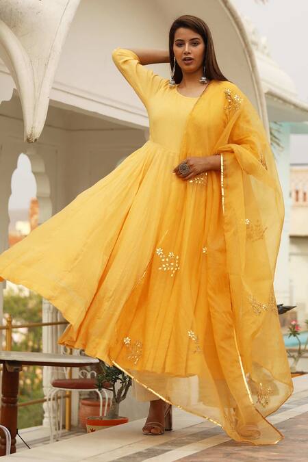 Gulabo Jaipur_Yellow Cotton Mul Anarkali Set_Online_at_Aza_Fashions