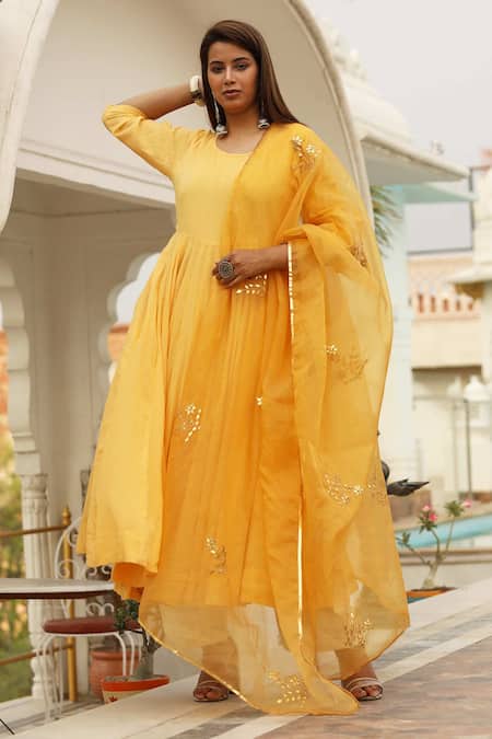 Shop_Gulabo Jaipur_Yellow Cotton Mul Anarkali Set_Online_at_Aza_Fashions