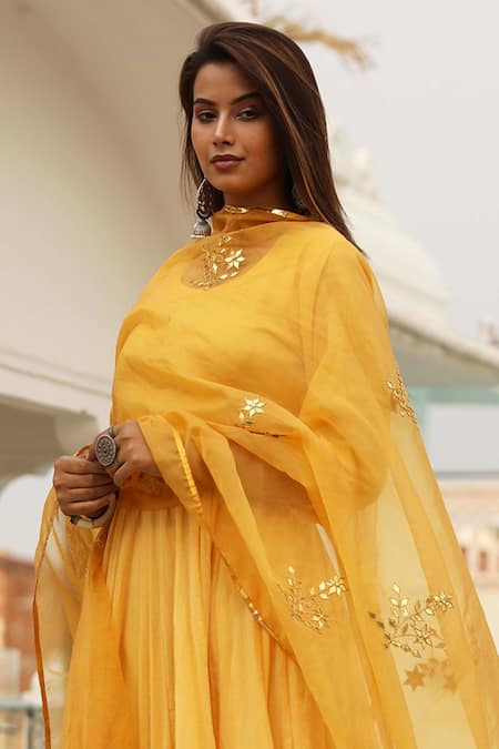 Gulabo Jaipur_Yellow Cotton Mul Anarkali Set_at_Aza_Fashions