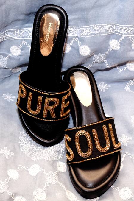 Foot Fuel_Black Beads, Sequins Typography Embellished Wedges _Online_at_Aza_Fashions