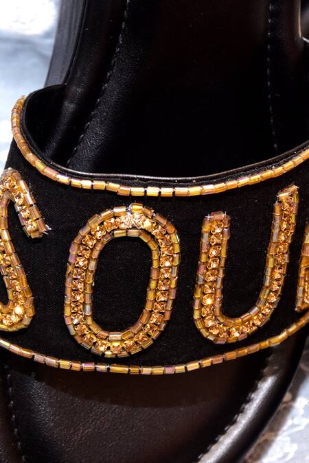 Buy_Foot Fuel_Black Beads, Sequins Typography Embellished Wedges _Online_at_Aza_Fashions