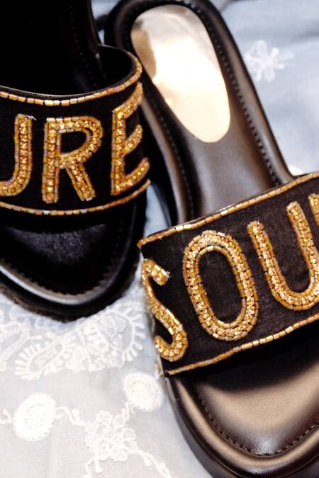 Shop_Foot Fuel_Black Beads, Sequins Typography Embellished Wedges _Online_at_Aza_Fashions
