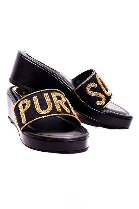 Foot Fuel_Black Beads, Sequins Typography Embellished Wedges _at_Aza_Fashions
