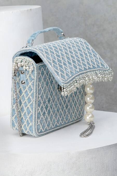 Eena_Blue Pearls, Sequins Embellished Box Clutch _Online_at_Aza_Fashions