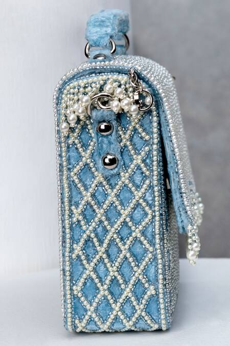 Buy_Eena_Blue Pearls, Sequins Embellished Box Clutch _Online_at_Aza_Fashions