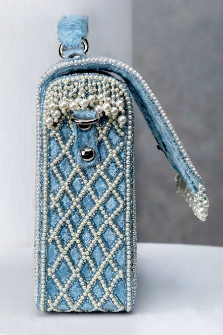 Shop_Eena_Blue Pearls, Sequins Embellished Box Clutch _Online_at_Aza_Fashions