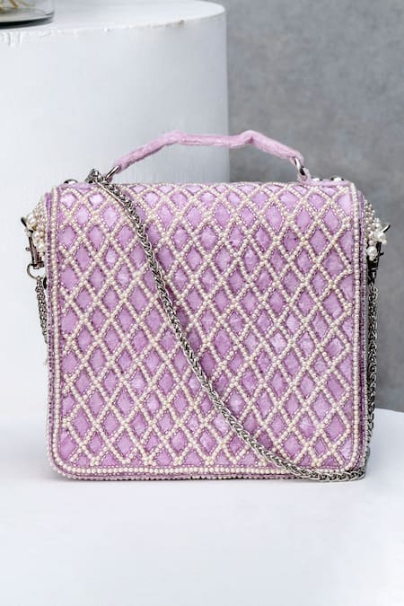 Shop Eena Purple Pearls, Cut Work Embellished Box Clutch at Aza Fashions Shop_Eena_Purple Pearls, Cut Work Embellished Box Clutch _at_Aza_Fashions