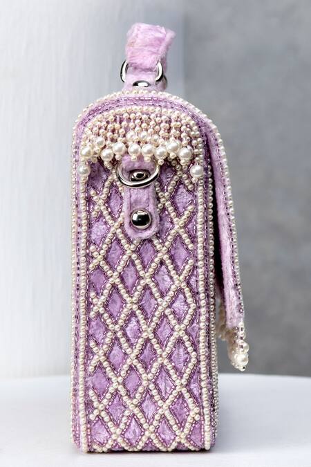 Eena Purple Pearls, Cut Work Embellished Box Clutch Online at Aza Fashions Eena_Purple Pearls, Cut Work Embellished Box Clutch _Online_at_Aza_Fashions