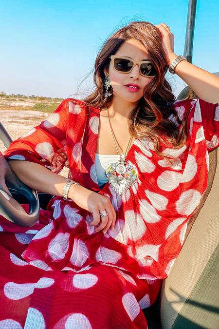 Shop_Ka-Sha_Red Kota Doria V Neck Dyed Dress With Skirt _at_Aza_Fashions