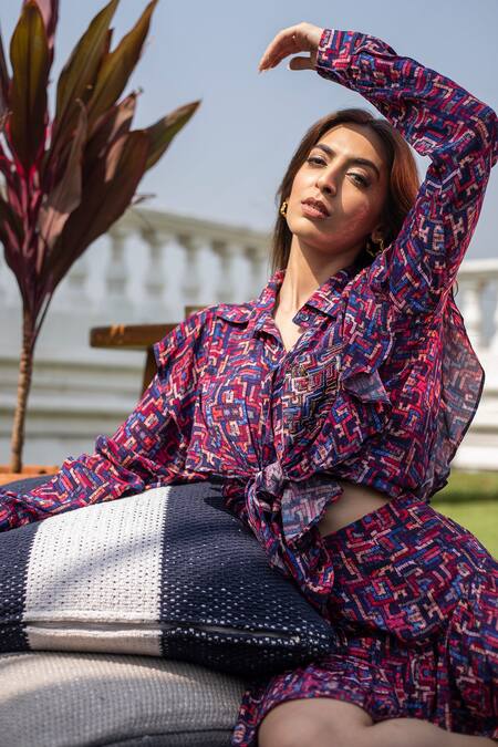 Mehak Murpana_Multi Color Crepe Zigzag Shirt Collar Printed Layered_Online_at_Aza_Fashions