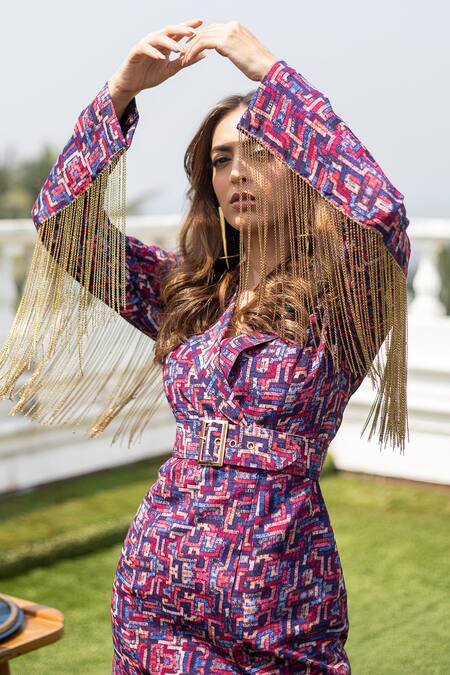 Mehak Murpana_Multi Color Crepe Zigzag Notched Lapel Printed Blazer Dress_Online_at_Aza_Fashions