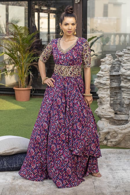 Mehak Murpana Printed Gown With Embroidered Belt 