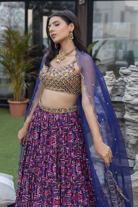Mehak Murpana_Multi Color Crepe, Dupatta Organza Zigzag Leaf Neck Printed Tiered Lehenga Set_Online_at_Aza_Fashions