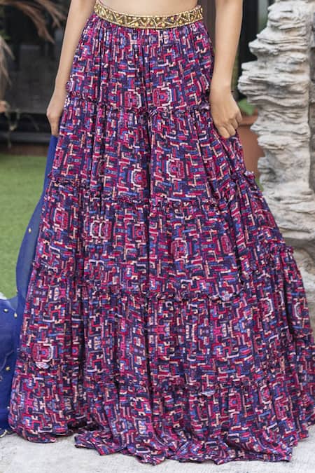 Buy Mehak Murpana Multi Color Crepe, Dupatta Organza Zigzag Leaf Neck Printed Tiered Lehenga Set Online at Aza Fashions Buy_Mehak Murpana_Multi Color Crepe, Dupatta Organza Zigzag Leaf Neck Printed Tiered Lehenga Set_Online_at_Aza_Fashions