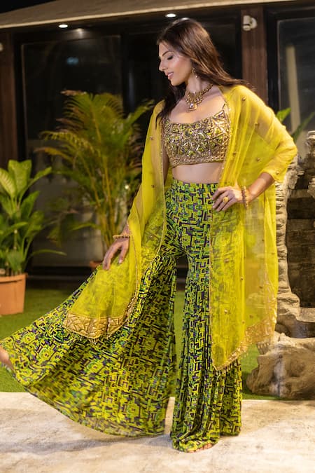 Mehak Murpana Green Crepe Printed Zigzag Square Neck Embroidered Cape And Sharara Set 