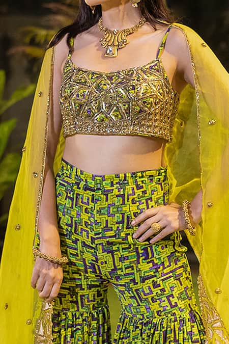 Buy_Mehak Murpana_Green Crepe Zigzag Square Neck Embroidered Cape And Printed Sharara Set_Online_at_Aza_Fashions