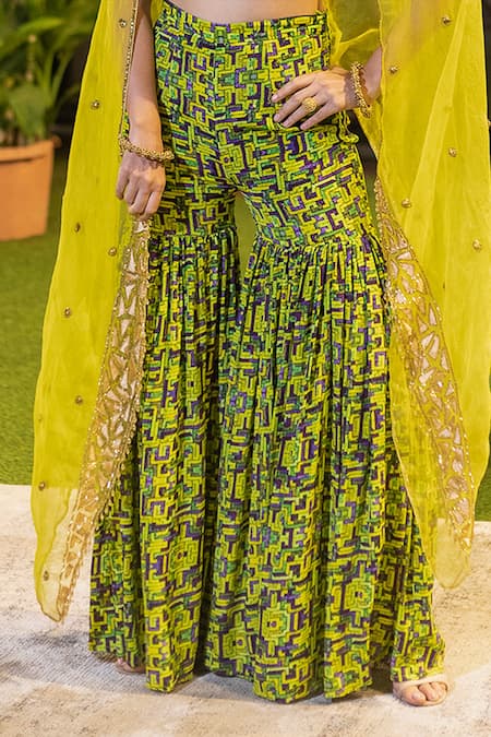 Shop_Mehak Murpana_Green Crepe Zigzag Square Neck Embroidered Cape And Printed Sharara Set_Online_at_Aza_Fashions